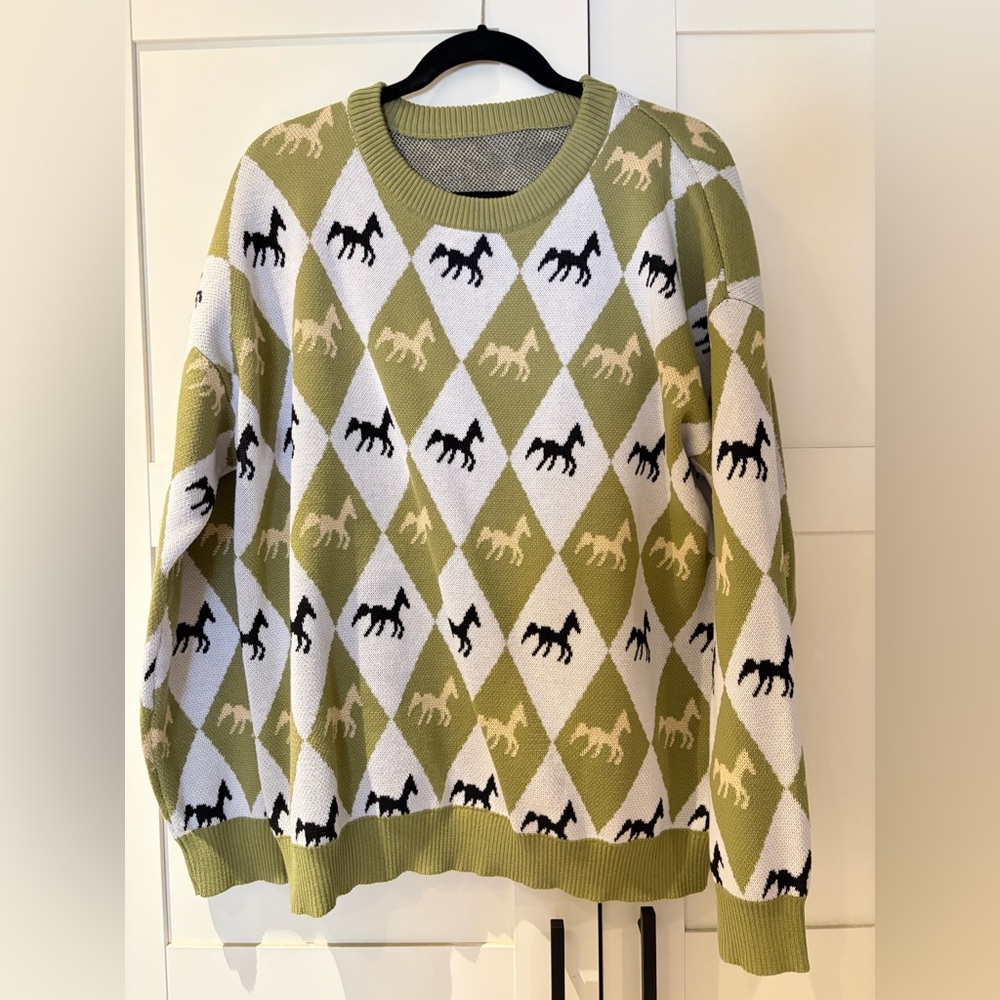Green and White Horse Pattern Sweater